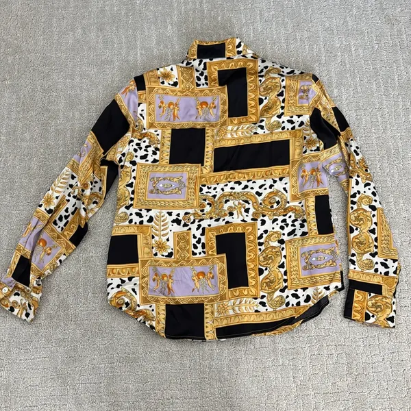 VTG 80s 90s Paolo Santini 100% silk blouse Dalmatian cherub print black white - Image 7