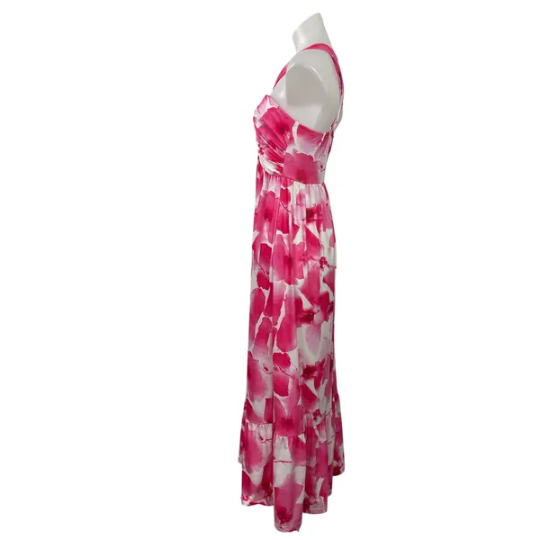 Grace Karin Pink Floral Cross Strap Sleeveless Summer Pleated ALine Maxi Dress S - Image 2