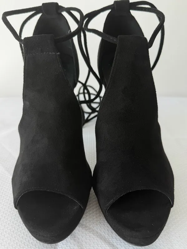 Black Suede Lace-Up Peep Toe Stilettos - Image 5