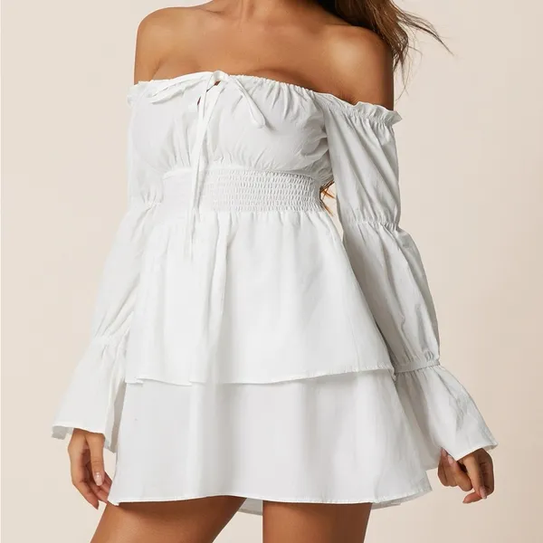 White Ruffle Dress NWT Size XS Cottagecore Boho Off Shoulder Tiered Mini Earthy - Image 4