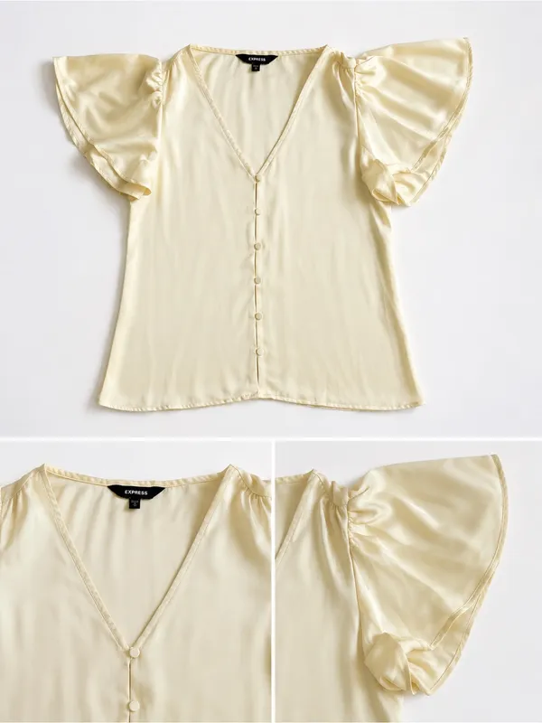 Express Cream Flutter Sleeve V-Neck Blouse | Size XS - Image 2