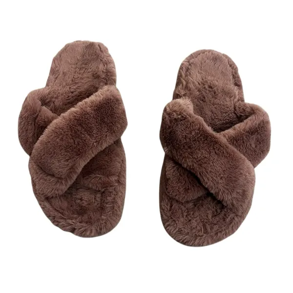 Cross Band Faux Fur Slippers Solid House Shoes Brown Cozy Size 10 - Image 2