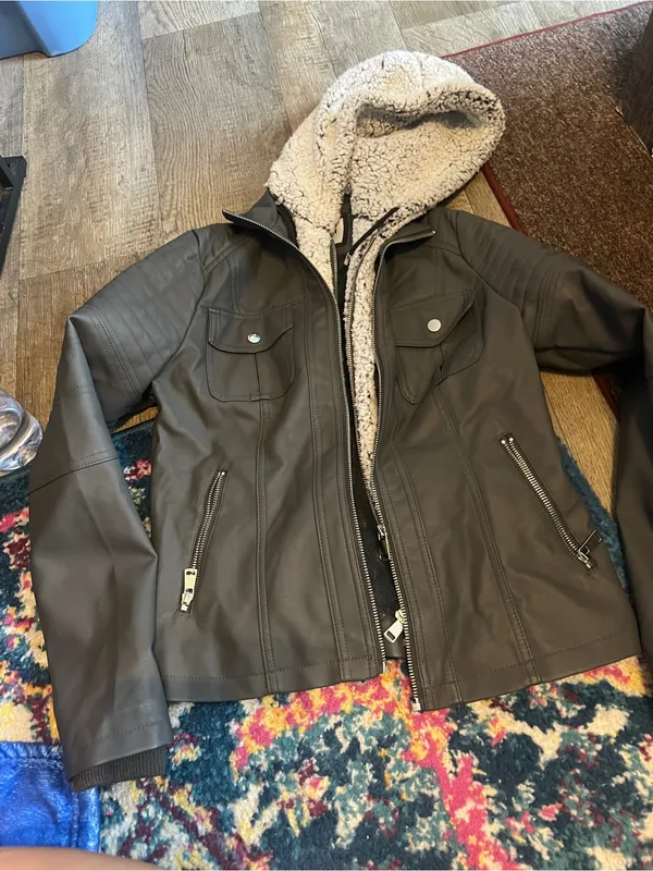 Novish Womens Gray Faux Leather Jacket with Sherpa Hood - Image 4