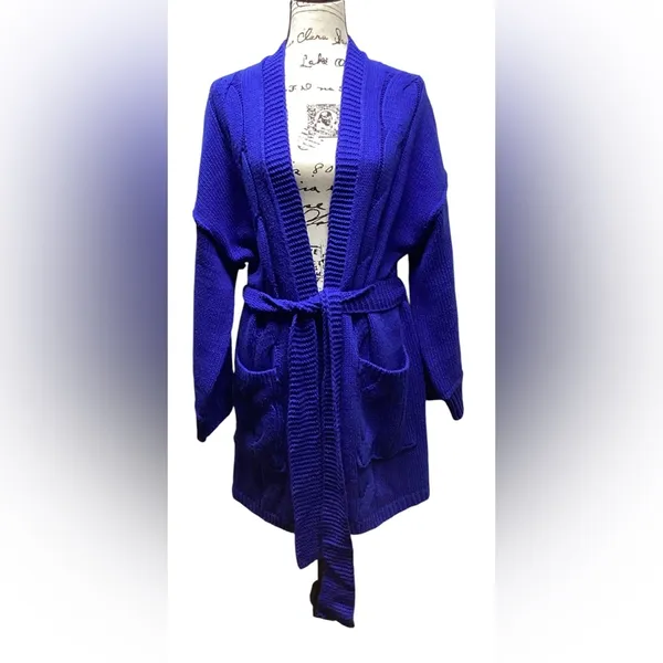 POL chunky cable knit sweater Long open front Belted cardigan Royal Size M/… - Image 3