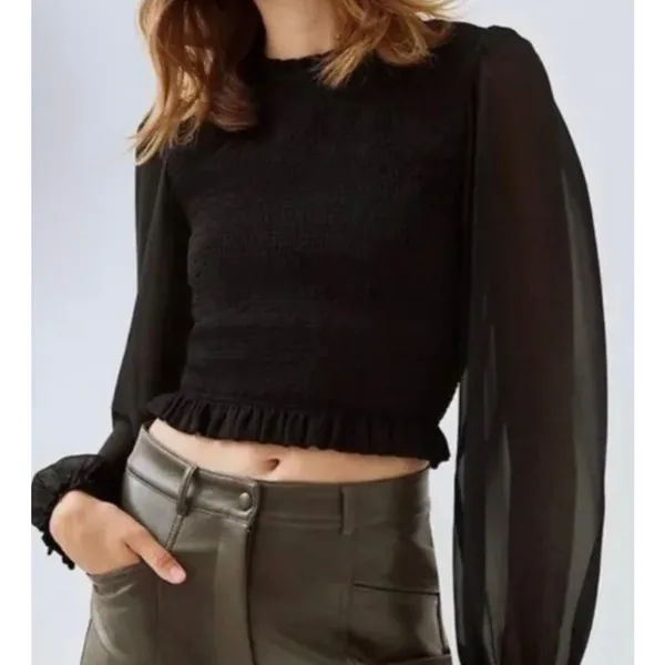 Aritzia Wilfred Tempest Blouse Black Smocked Sheer Sleeve Crop Top Size S - Image 5