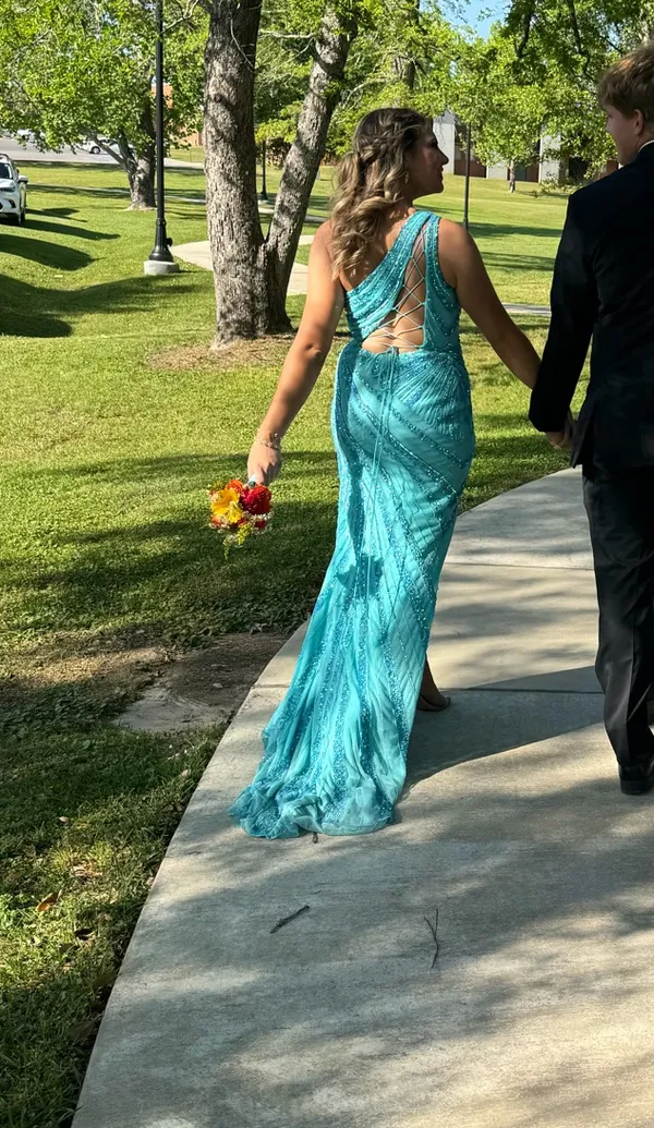 Ashley Lauren Turquoise, one-shouldered, beaded prom or pageant dress - Image 4