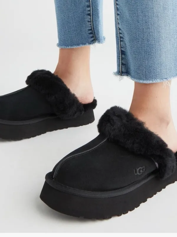 UGG women Black Suede fur platform slipper shoes US 6 - Image 12