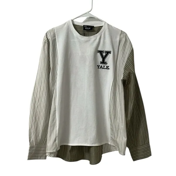 Zara White and Beige Contrasting Oversized Yale T-shirt(Size Small) - Image 3