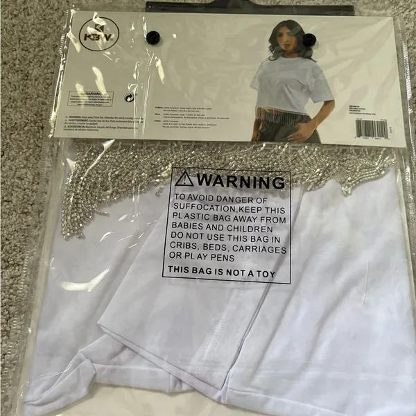 New White Cropped T-Shirt with Rhinestone Fringe women size L/XL party costumes - Image 5