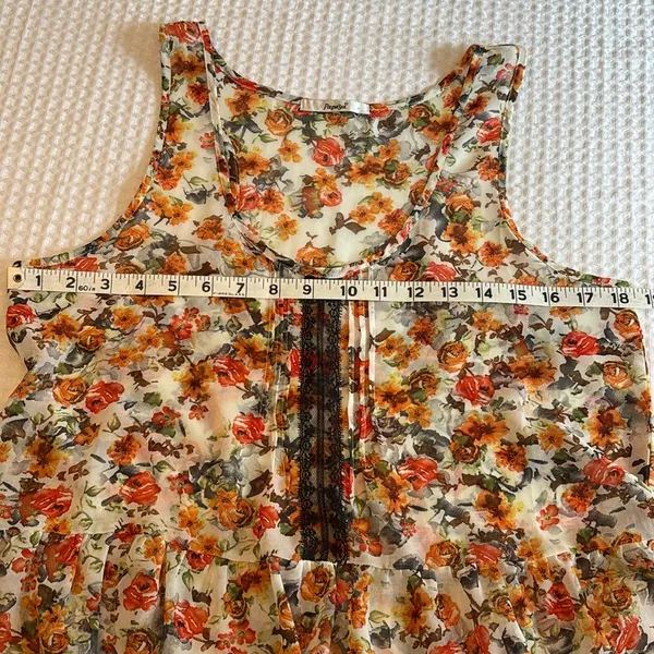 PAPAYA Boho Sleeveless Tank Blouse LARGE Ruffle Hem Lace Orange Floral Feminine - Image 11