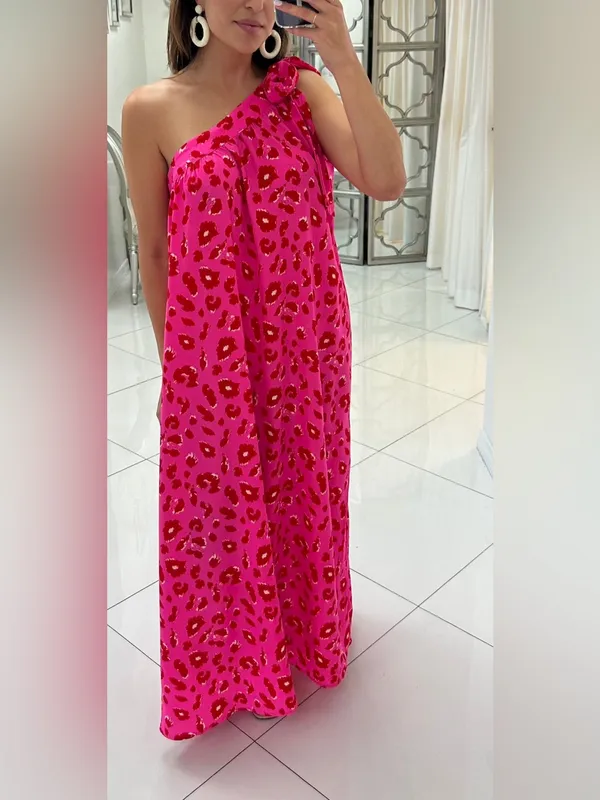 Jodifl hot pink and red leopard print one-shoulder flowy fit maxi dress M - Image 3