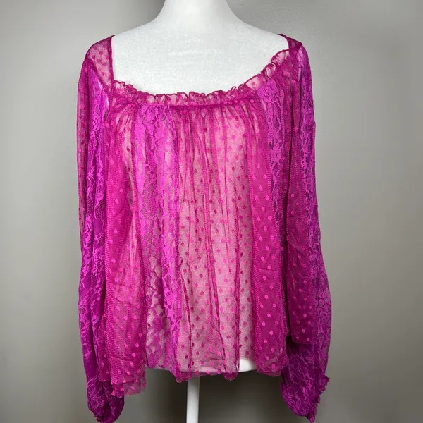 Free People A Little Love Long Sleeve SHEER LACE Top Raspberry Size Large Casual - Image 2