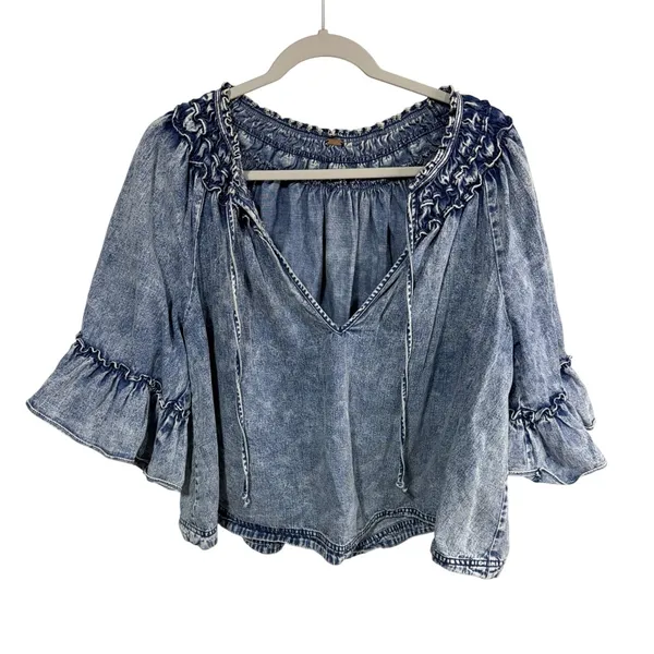 Free People Top Acid Wash Ruffle Bell Sleeve Boho Women's Med Blue Boho Cotton - Image 2