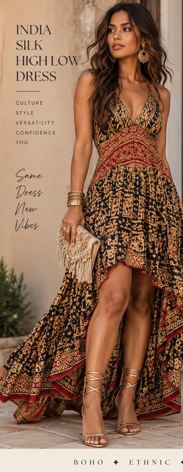 Bohemian Indian Silk V-Neck High-Low Maxi Dress - Image 3