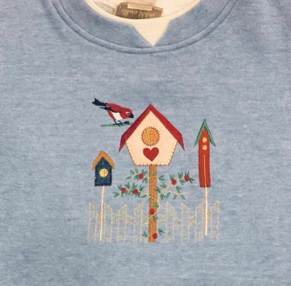 Retro Studio Works Embroidered Light Blue Sweatshirt Birds Nature M Cottagecore - Image 5