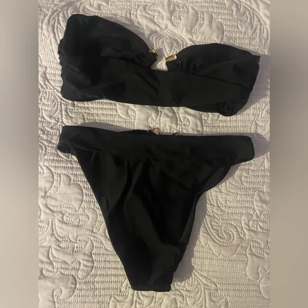 Black Hammered Trim Bandeau Bikini Top And Bottom Us M - Image 9