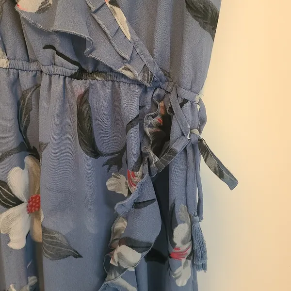Hint of Blush Long Maxi Flutter Dress Size Large Magnolia Floral Blue High Low - Image 6