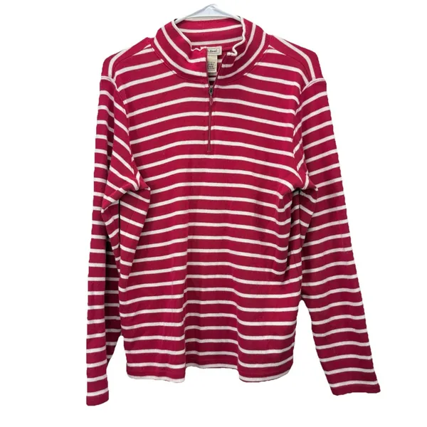 LL Bean Red White Stripes 1/4 Zip‎ French Sailor Pullover Top Size LARGE - Image 3
