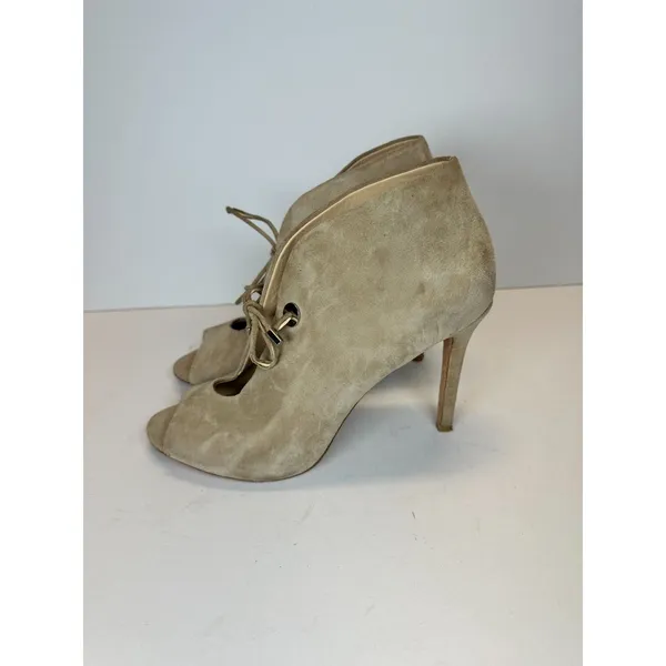 Badgley Mischka Peep Toe Booties Women 8 Taupe Suede Lace Up Stiletto Heel - Image 3