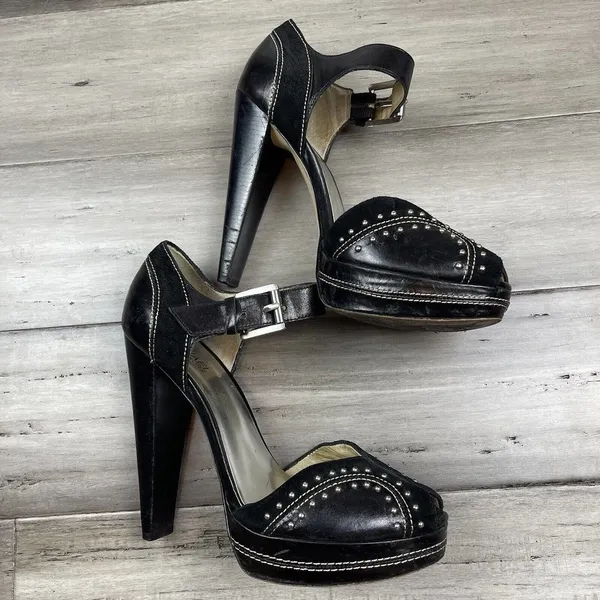 Michael Kors Astor Quarter Strap Heels Women's Black Silver Studs 9 - Image 2