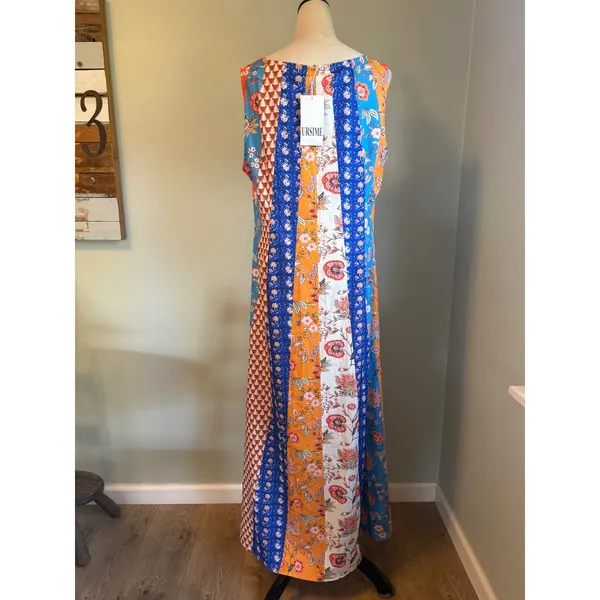 Patchwork Floral Print Maxi Dress coverup Sleeveless Blue Orange boho whimsigoth - Image 3