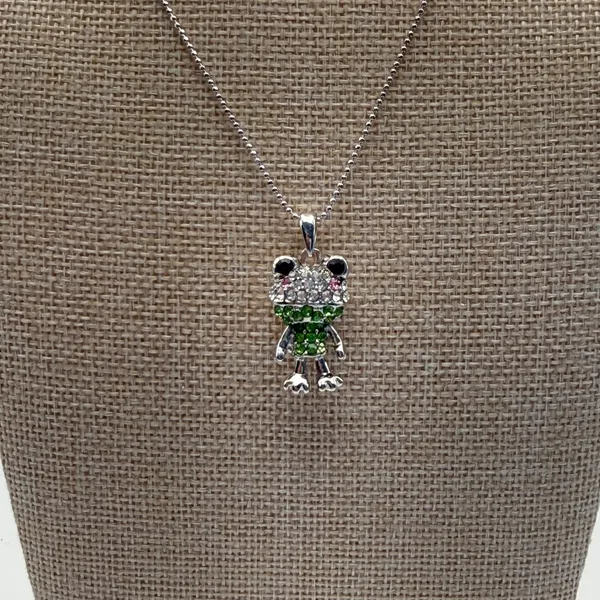Silver‎ Green Rhinestone Frog Pendant Necklace Ball Chain Kidcore Coquette - Image 2