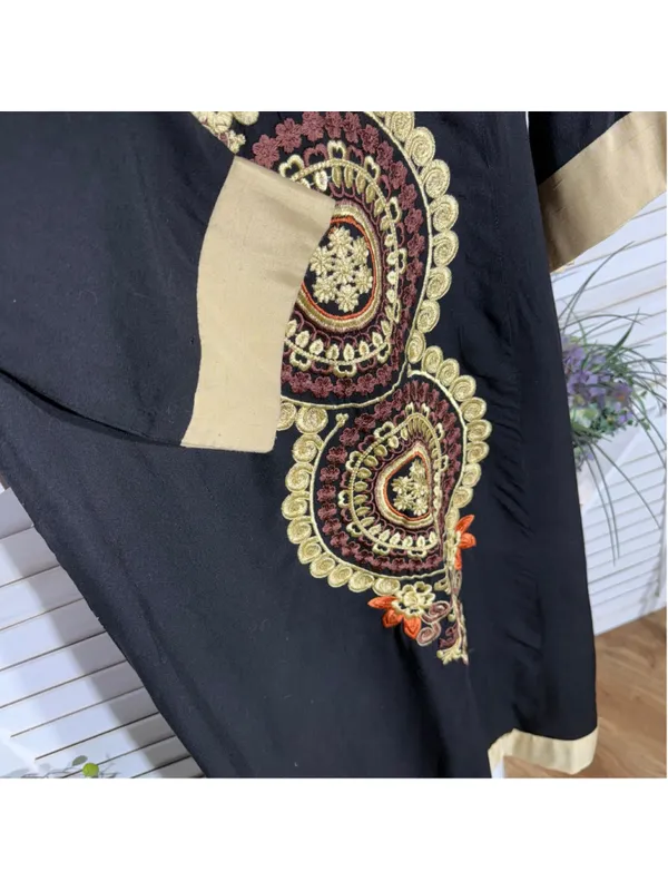 Vintage Kaftan dress black gold embroidery cotton hippie boho whimsigoth sz M L - Image 5