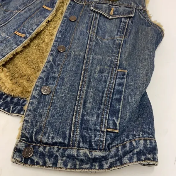 Y2k 00s Gap denim vest with faux fur‎ tan collar and lining Size M C25 - Image 3