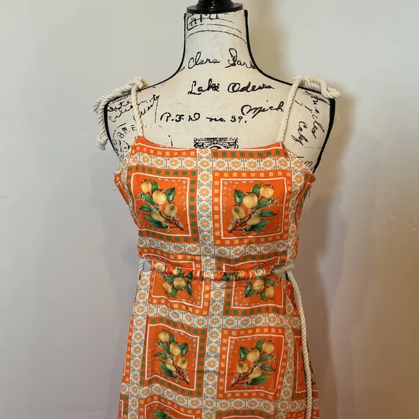 Unbranded Maxi Dress Orange Lemon Print Rope Straps Cut Out Back Small - Image 3