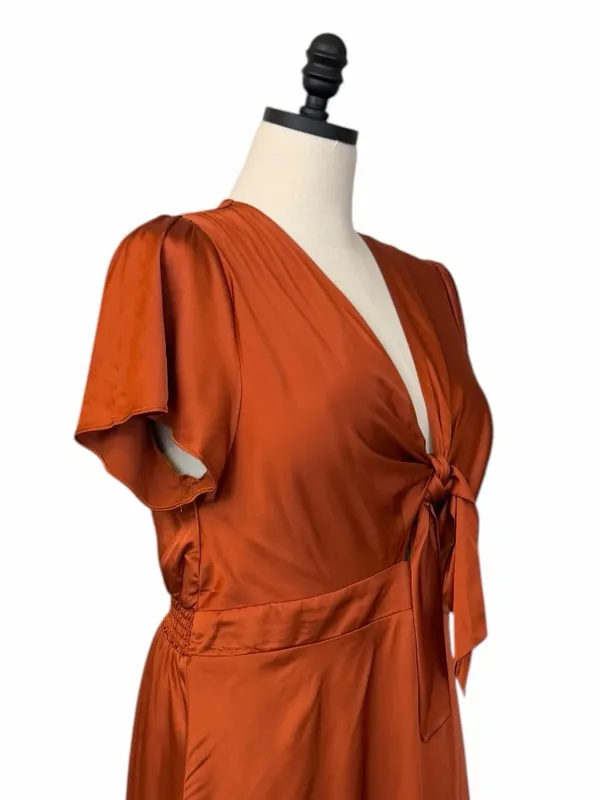 Baltic Born Poppy Satin Midi Dress Size XXL Rust Tie Front Stretch Wedding Guest - Image 7