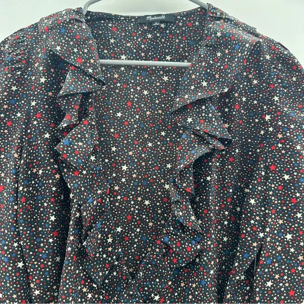 Madewell Silk‎ Ruffle-Hem Wrap Long Sleeve Top in Starry Night Size M - Image 3