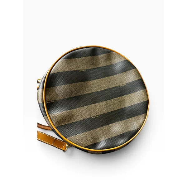 Fendi Pequin Canvas Round Hatbox Bag 10" Brown Black Vintage 80s Crossbody - Image 4