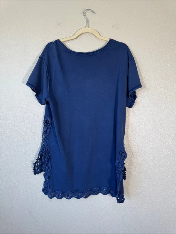 Free People Blue Crochet Short Sleeve Tunic Blouse Womens L Casual Boho - Image 5