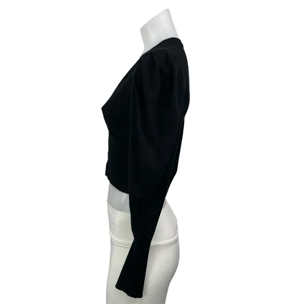 Danielle Bernstein Women Black Long Puff Sleeve V Neck Button Up Crop Top Size M - Image 2