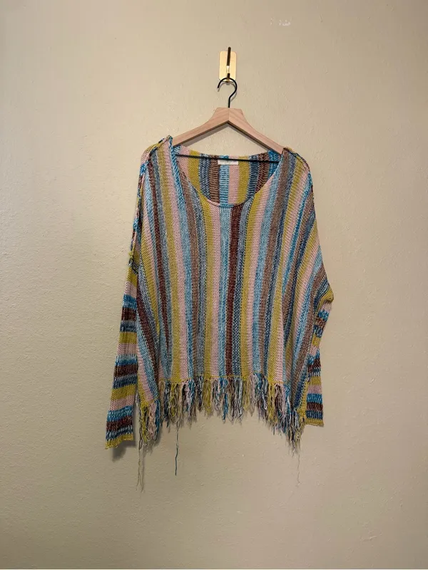 Natural Life Santa Fe Pullover Sage Stripe Boho Sweater Top with Fringe Bottom - Image 2