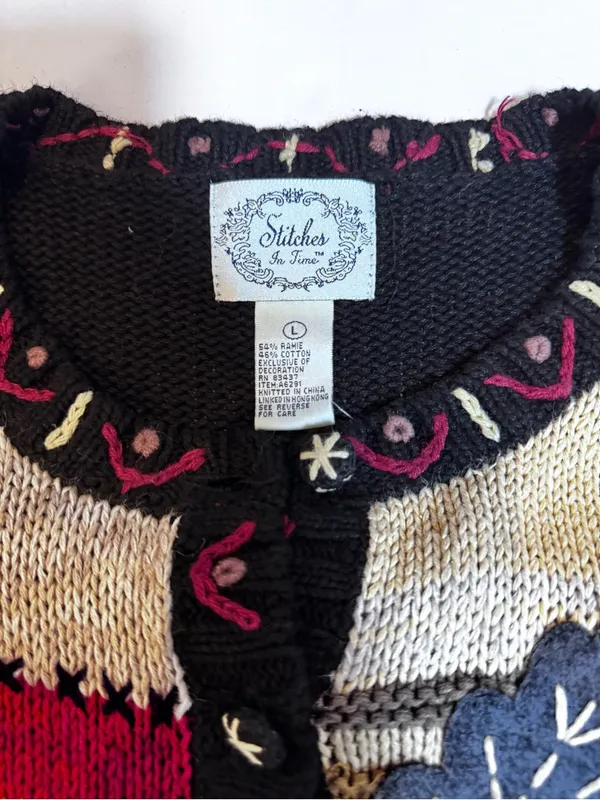 Stitches Patchwork Cardigan Embroidered Floral Boho Cottagecore Knit Sweater L - Image 5