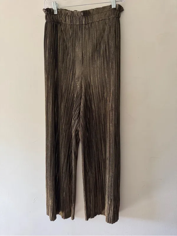Zara Ribbed Gold Metallic Shimmer Elastic Waist Pull‎ On Pants - Image 2