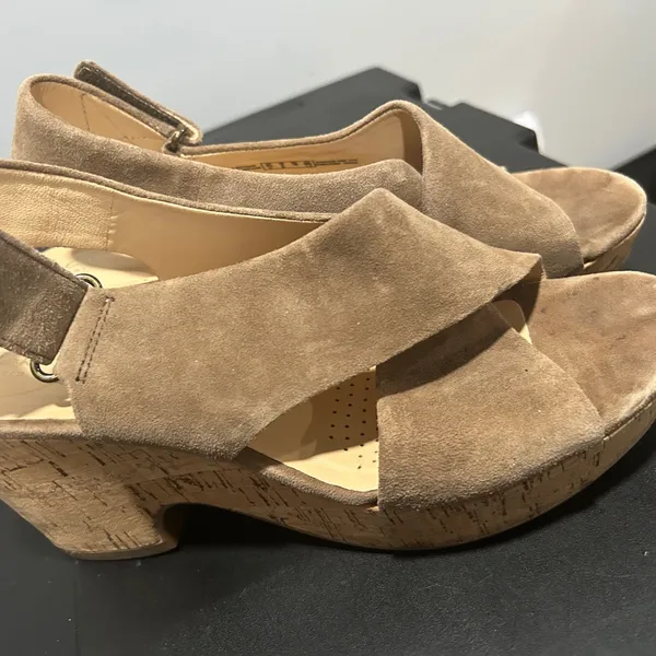 Clarks  Tan Suede Wedge Sandals - Image 2