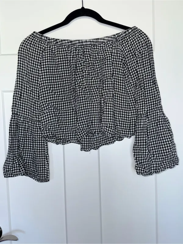 Love, Fire Off-the-Shoulder Black and White Check Long Sleeve Crop - Image 2