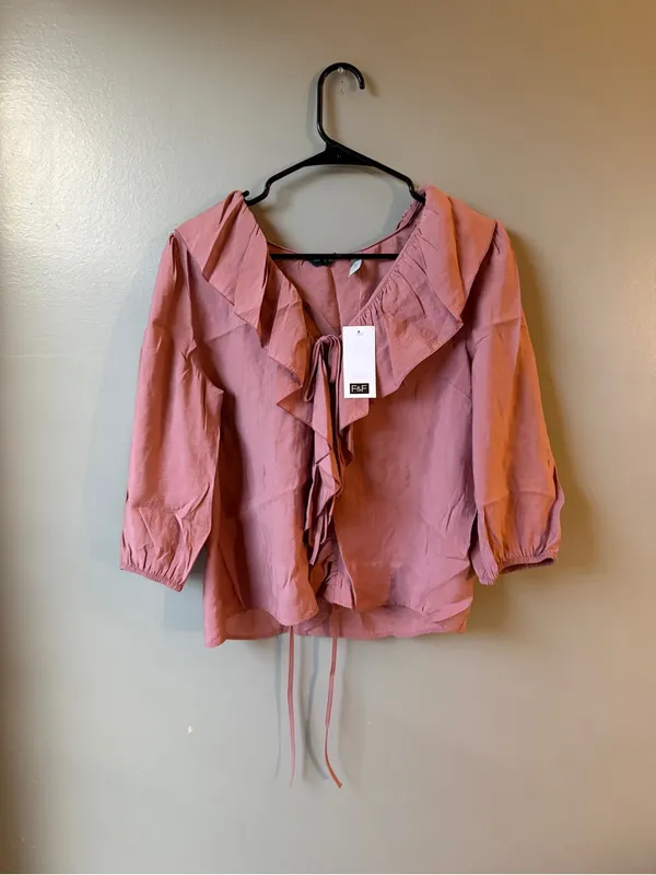 F&F NWT Ruffle Tie Front Blouse Romantic Boho Cottagecore Pink Top - Image 2