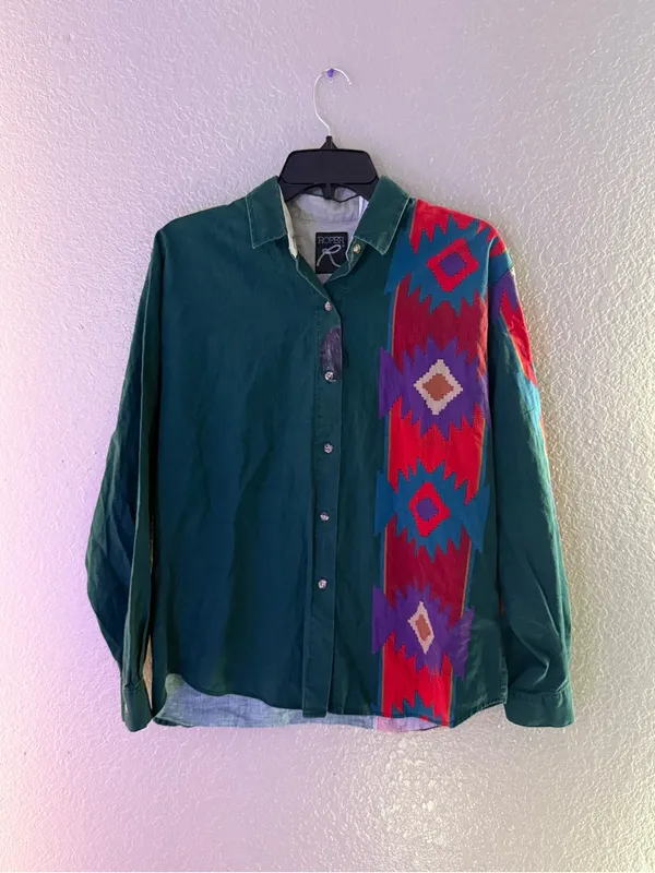 Vintage Roper Teal Southwestern Aztec Button Down Western Shirt Womens Cowgirl - Image 4