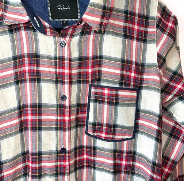 Rails Flannel Button Down Shirt Cream & Red Plaid - Image 3