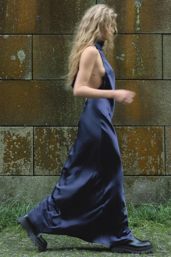 Zara maxi dress satin slip gown Elegant blue Halter formal party wedding prom - Image 17