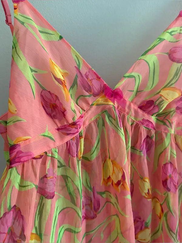 Betsey Johnson Intimates Vintage Peach Sheer Tulip Print Babydoll Lingerie Large - Image 4