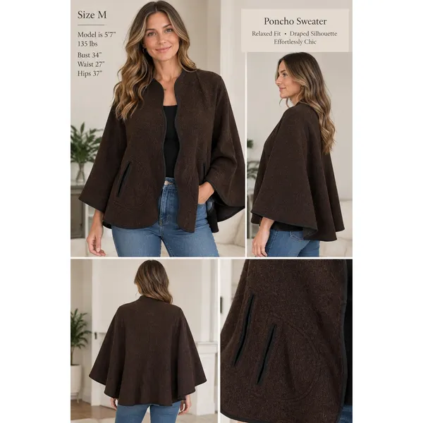 J. McLaughlin Cape Poncho Alpaca Wool Coat Brown Open Front Old Money Women M/L - Image 2