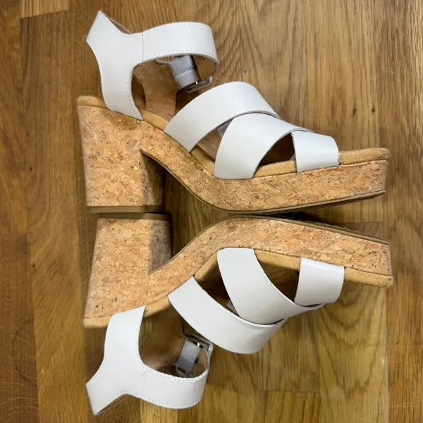 TOMS Ava Cork Sandals Women's 8 Strappy Block Heel 4" Buckle Beige - Image 3