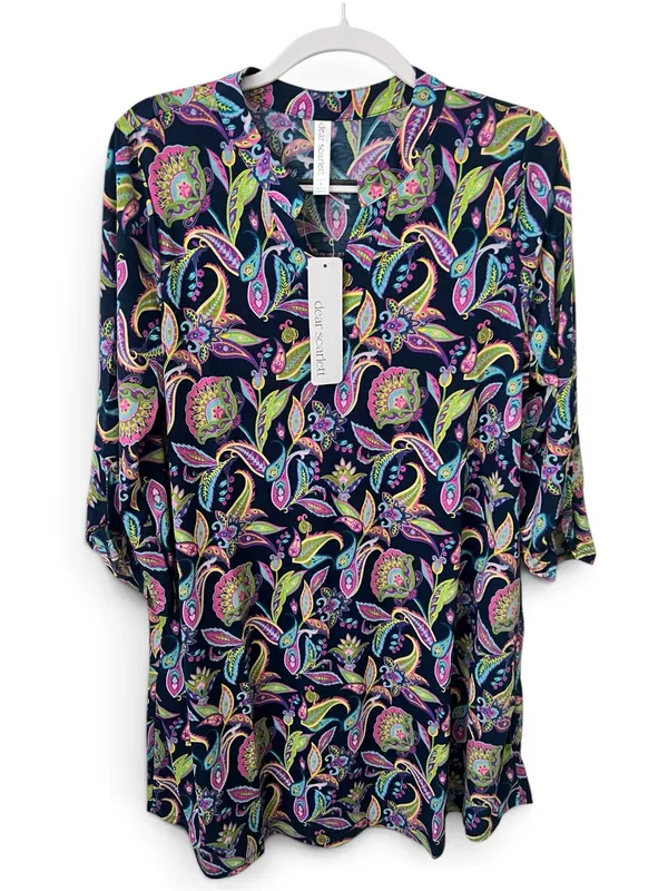 Dear Scarlett Floral Navy Paisley Midi Dress with pink, green, & blue accents - Image 2
