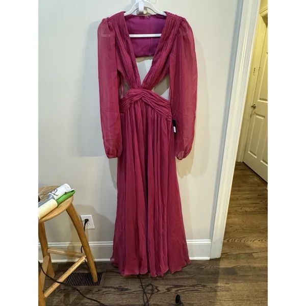 Ieena Mac Duggal Berry Fuchsia Cut out Puff Sleeve A Line Gown Size 0 - Image 4