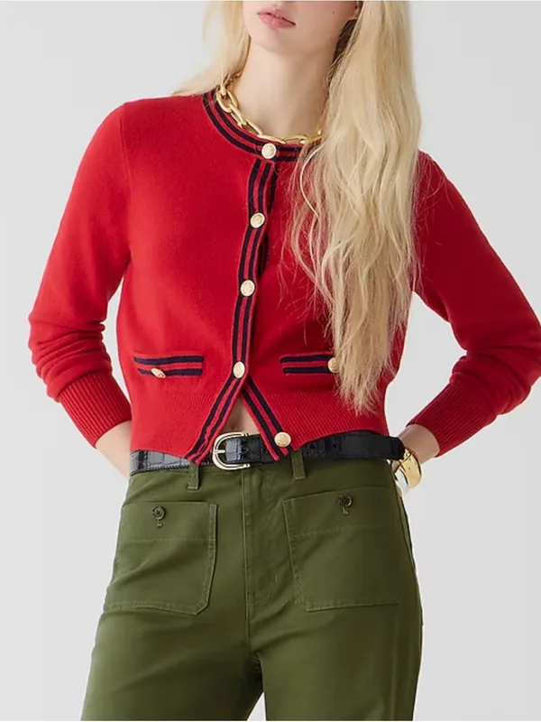 J.Crew Cashmere Sweater Lady Jacket in Cardinal Red Navy Contrast Trim 2X - Image 2