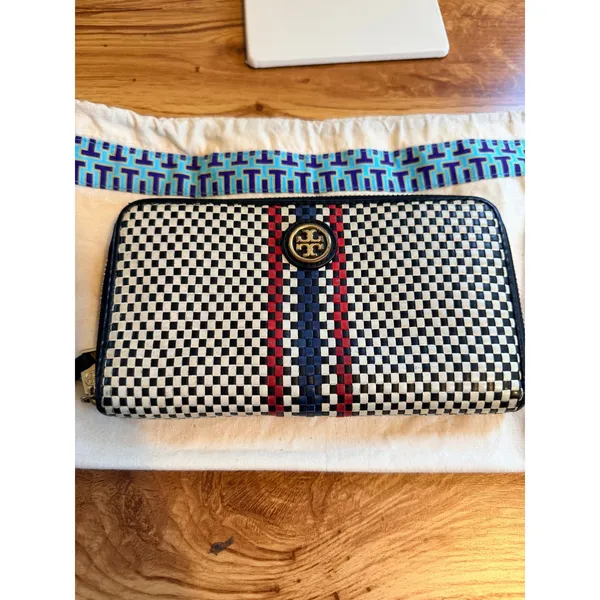 Tory Burch Woven Leather Checkerboard Zip Continental Wallet Navy White OS - Image 2